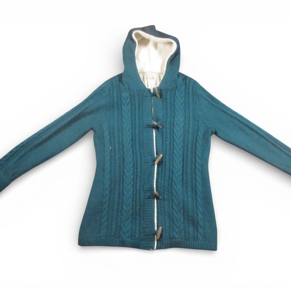 LL Bean Sweater‎ Women Small Blue Cable Knit Cardigan Hooded Sherpa Lined Toggle